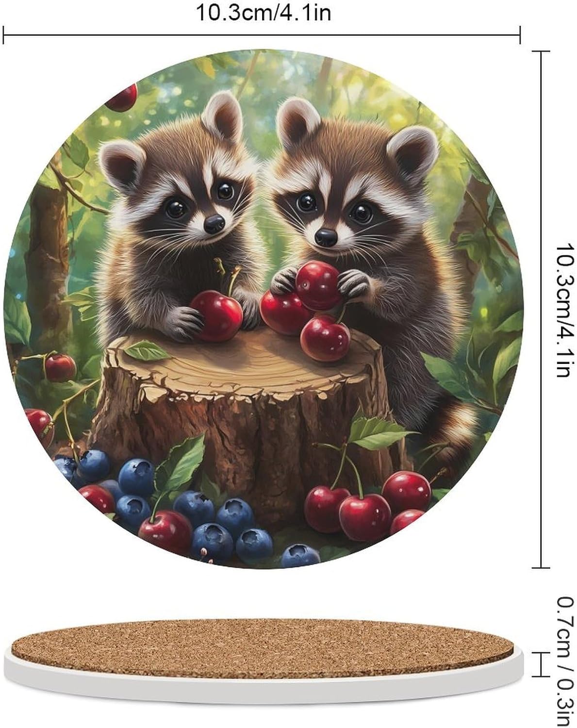 Cute Raccoon Cherry1 Blueberry Funny Round Ceramic Coasters for Drink Absorbent Cup Holders Tabletop Protection