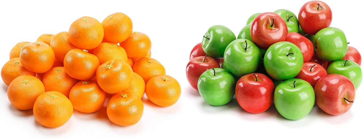 A Bundle of Toopify 30 Pcs Artificial Oranges, Decorative Fake Oranges for Decoration Lifelike and Toopify 30PCS Artificial Red and Green Apples