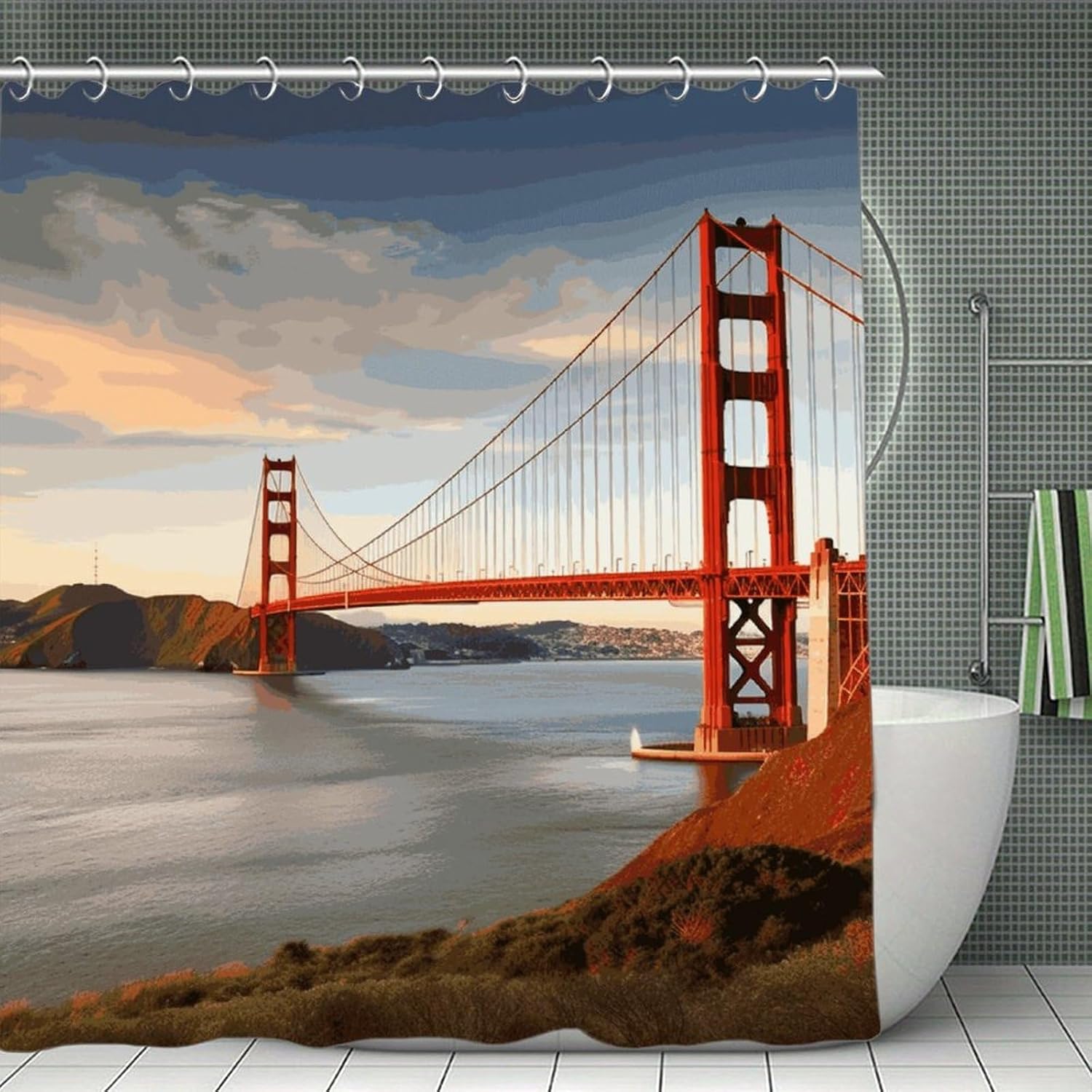 Golden Gate Bridge Shower Curtain for Bathroom, Lightweight Washable Bath Curtains with Hooks, Waterproof Shower Curtains, Personalized Bath Curtain for Hotel, 70.8x70.8inch