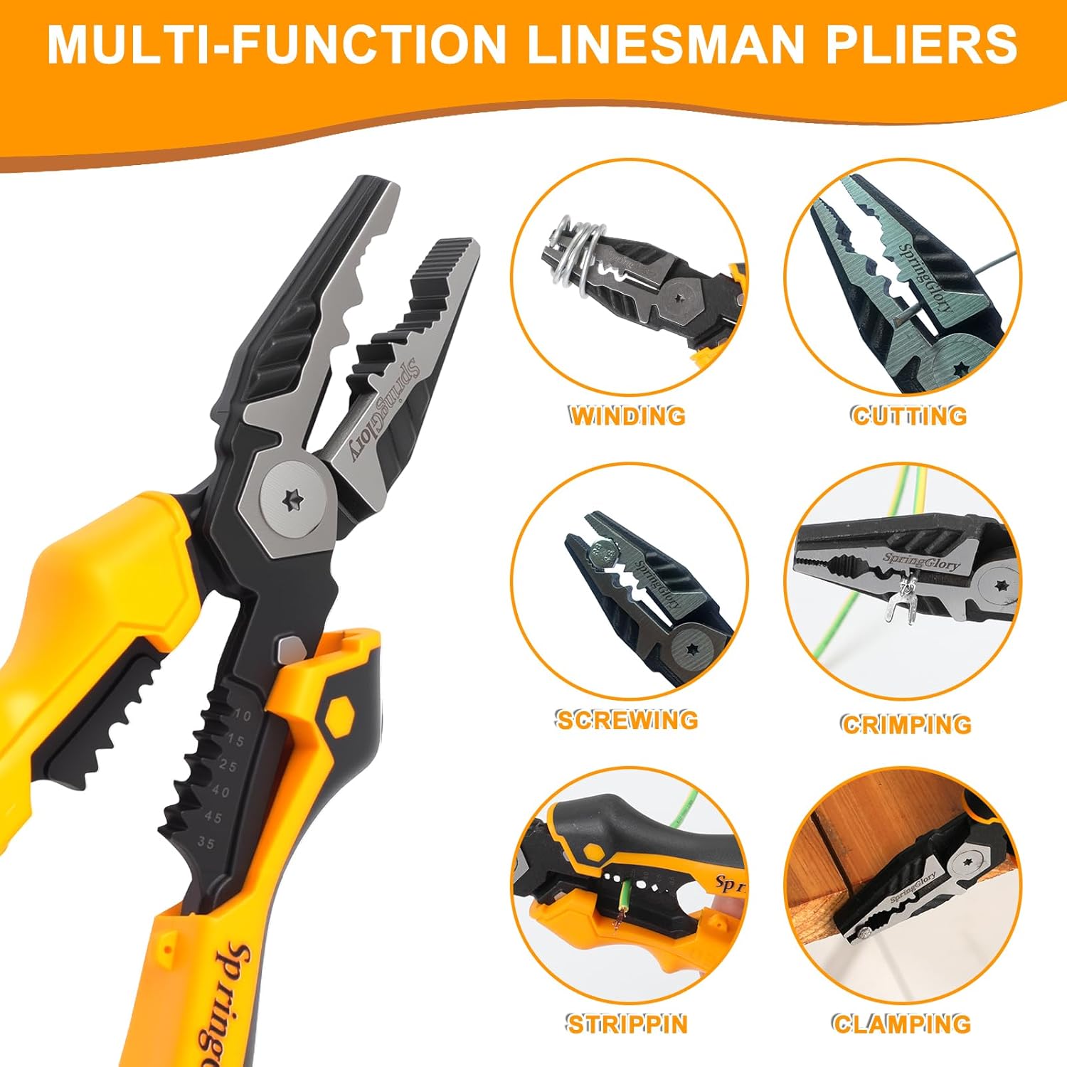 7-in-1 Linesman Pliers,9 inch Multipurpose Combination Pliers with Wire Stripper/Crimper/Cutter/Brake Cable Stripper Function, Heavy Duty Side-Cutting Pliers.