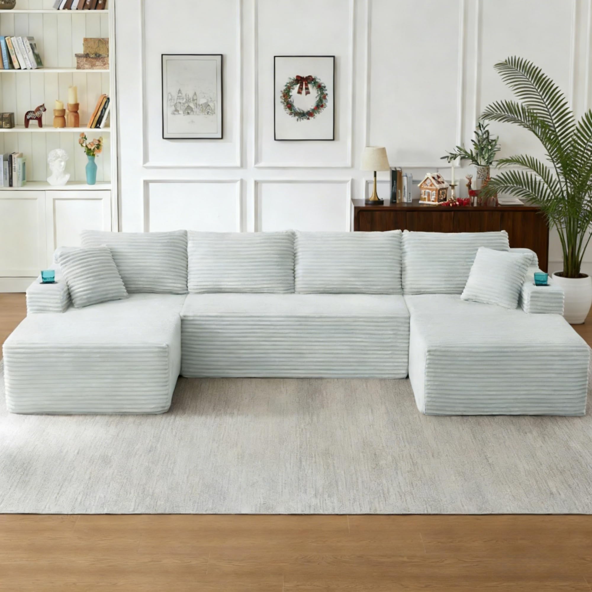 Topcomfy 133.5" U Shaped Couch, Modular U-Shaped Boneless Couch with Pillows, Comfy Corduroy Cloud Sectional Sofa with Deep Seat, Upholstered Modular