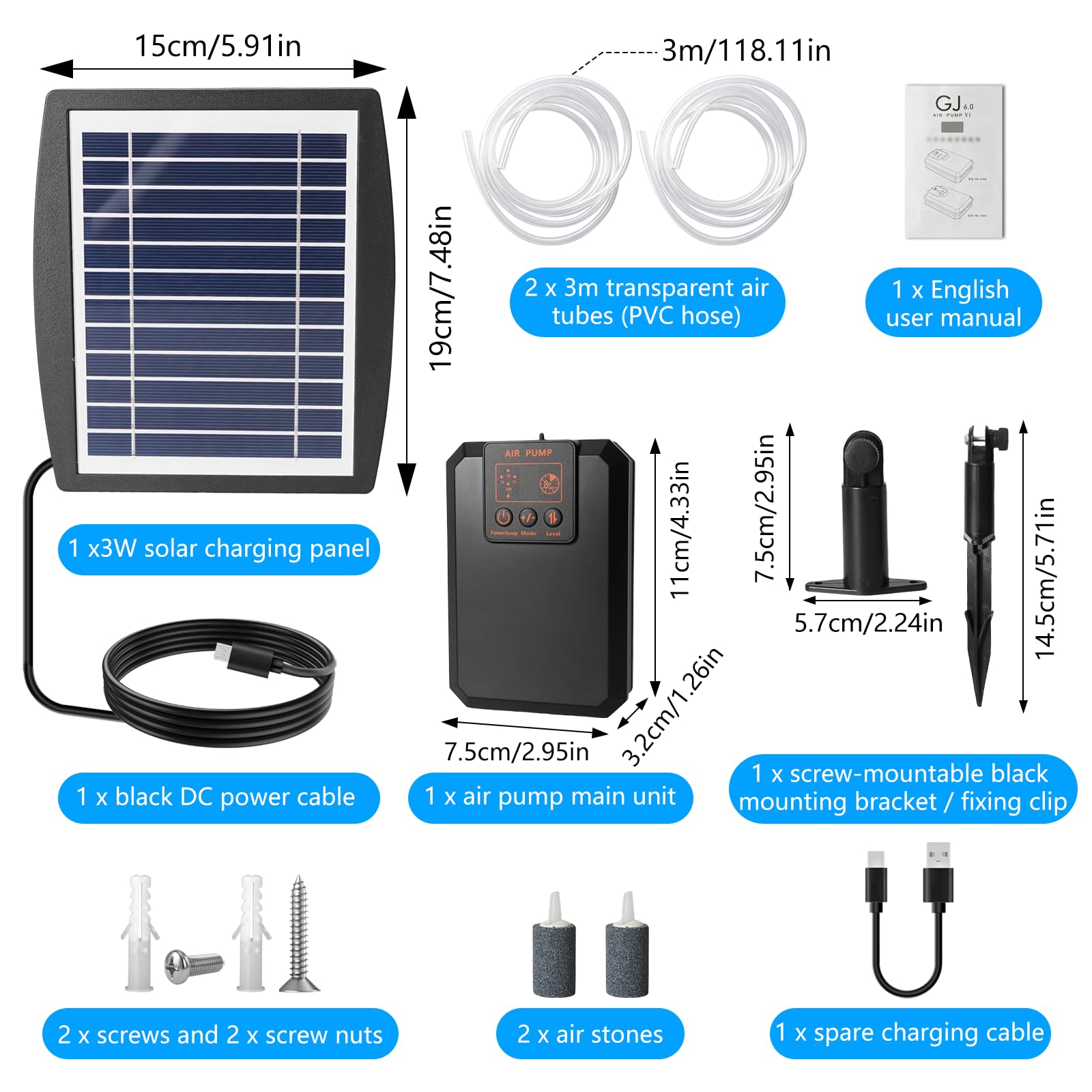 Aeratore solare per laghetto, Pompa di Ossigeno Solare, 3 W, Tubo da 3 M, IPX5, Silenziosa, per Laghetti da Giardino, Cisterna Idroponica, Acquario, Laghetto per Pesci