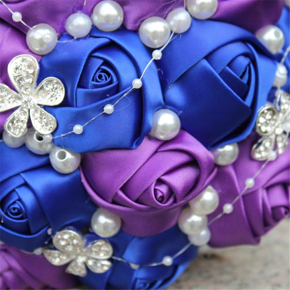Advanced Customization Romantic Bride Wedding Holding Bouquet Roses with Diamond Pearl Ribbon Valentine's Day Bouquet Confession Many Colors for Choose 18cm (Purple+Royal Blue)