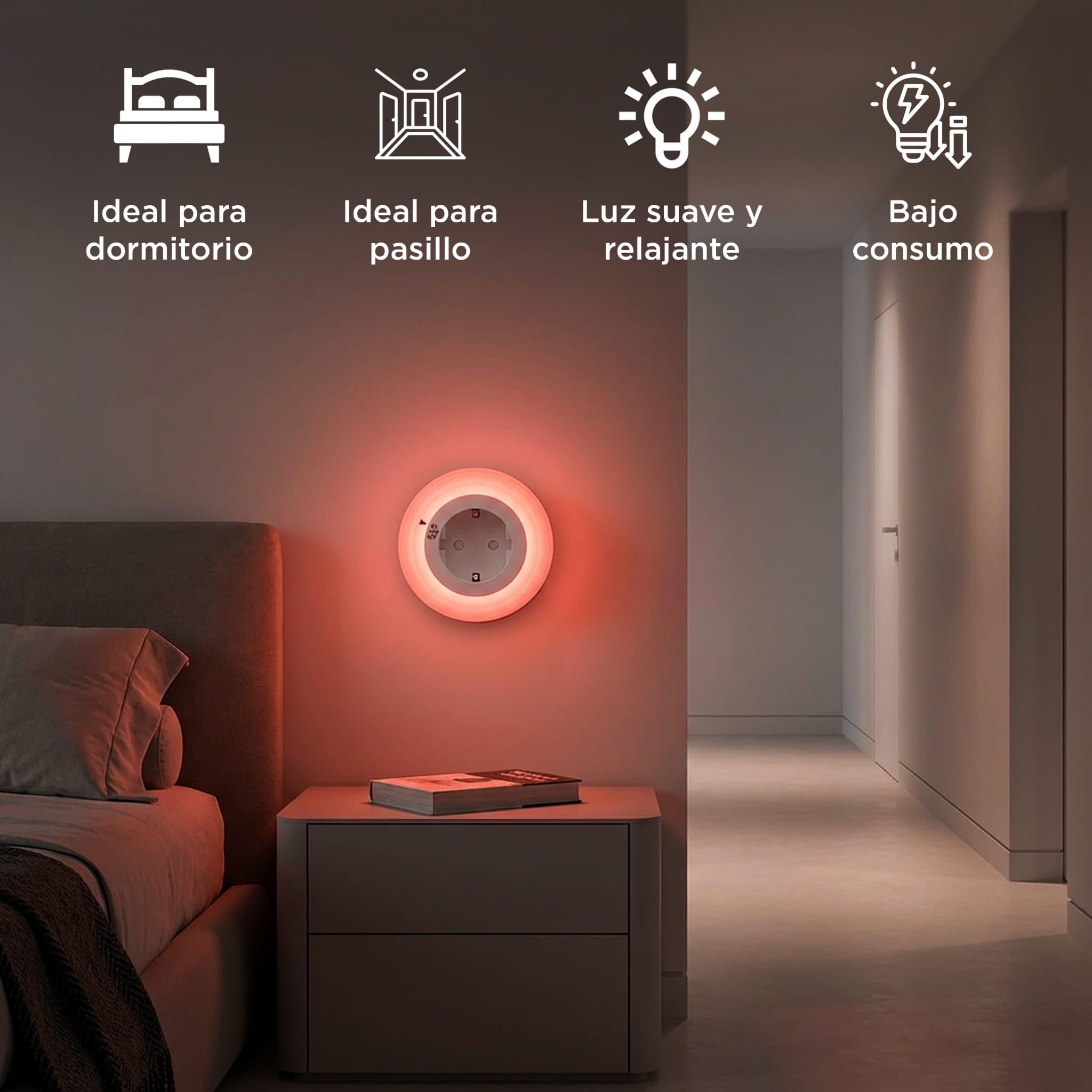 Luz Roja Nocturna Melatonina con Enchufe – Sensor Oscuridad – 0% Luz Azul – Brillo Regulable – Dormir, Bebés y Lactancia – ON/AUTO/OFF – Pack 2