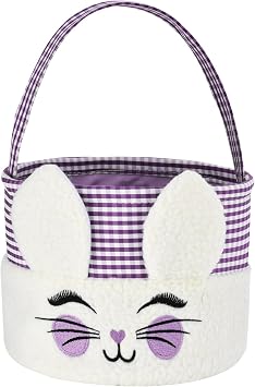 Easter Bunny Basket,Cute Plush Easter Bucket with Handle for Easter Party Egg Hunts Decorations Candy Gifts Storage Purple
