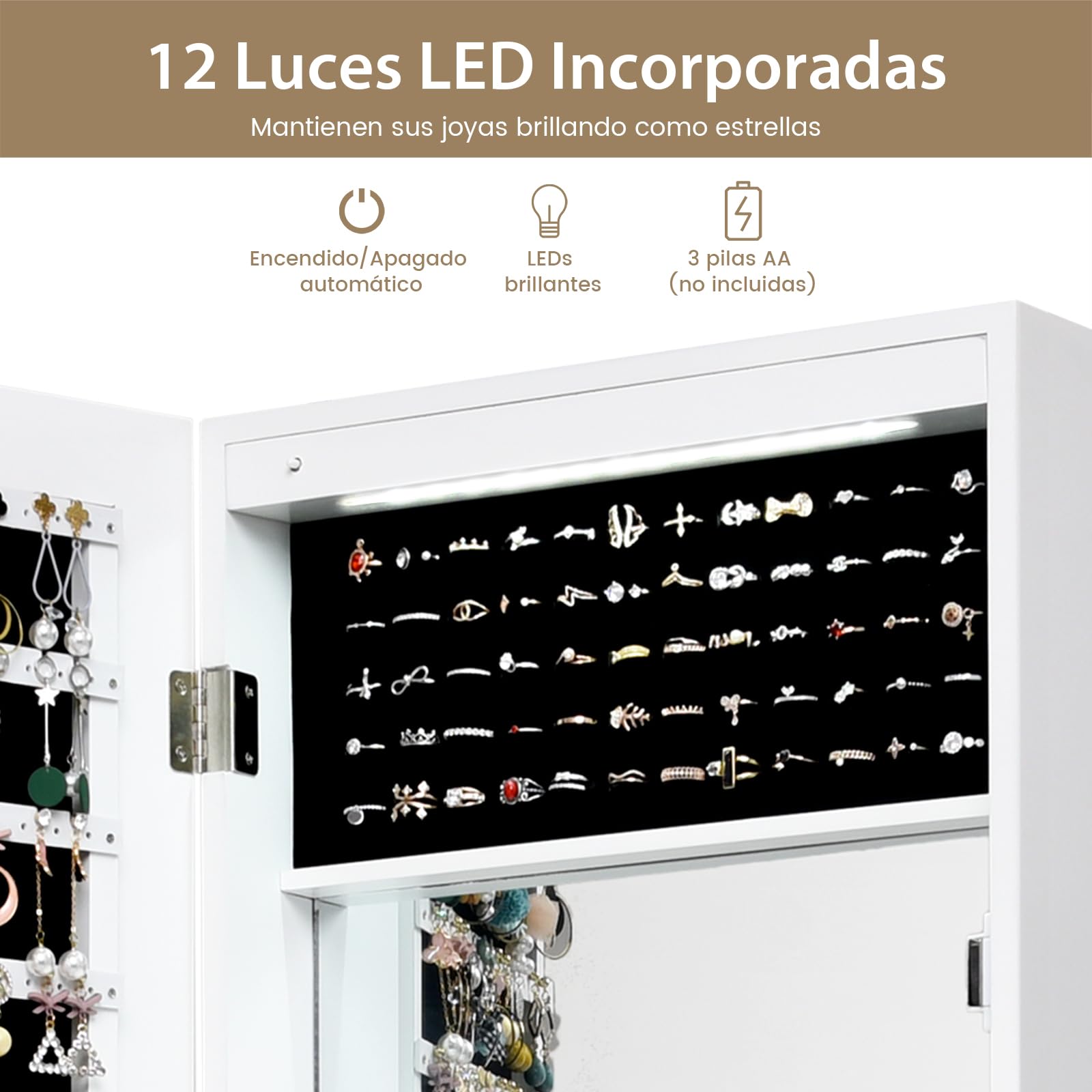 COSTWAY Armario Joyero con Espejo LED 120 cm, Organizador con Cerradura, Estantes Forrados y Ganchos, Blanco