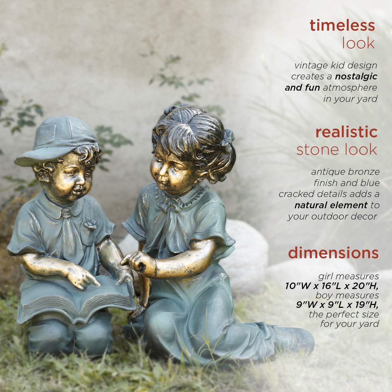 Alpine Corporation GXT258A Statue, Boy: 9"L x 9"W x 19"H, Girl: 16"L x 10"W x 20"H, Patina/Bronze : Patio, Lawn & Garden