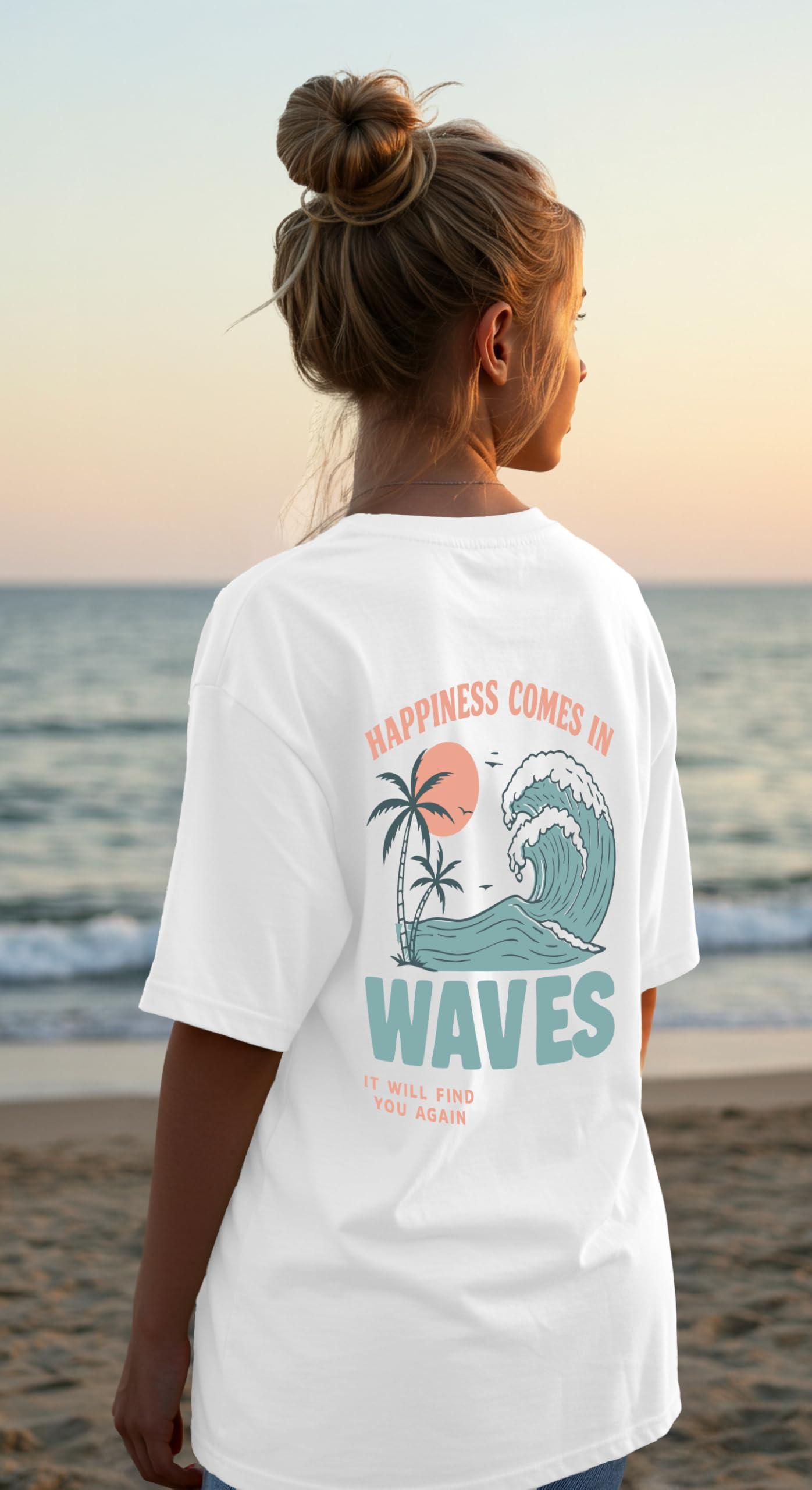 Dagcros Elegante maglietta oversize con scritta "Happiness Comes in Waves" Beach Vibes per ragazze | T-shirt grafica estiva oversize