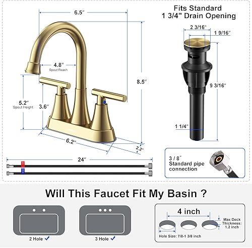 Miniatura 2 de Grifos de baño para fregadero de 3 agujeros, juego central de 4 pulgadas y grifo de lavabo de baño de oro cepillado generalizado con drenaje