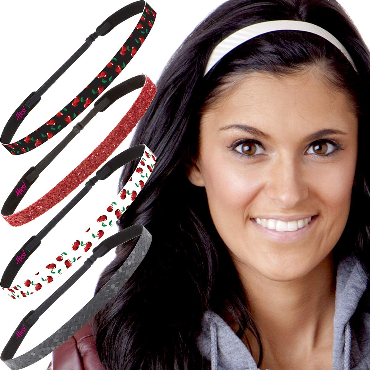Hipsy Women's Adjustable No Slip Skinny Bling Glitter & Fuity Printed Fashion Headbands (Black/White/Ruby 5pk)