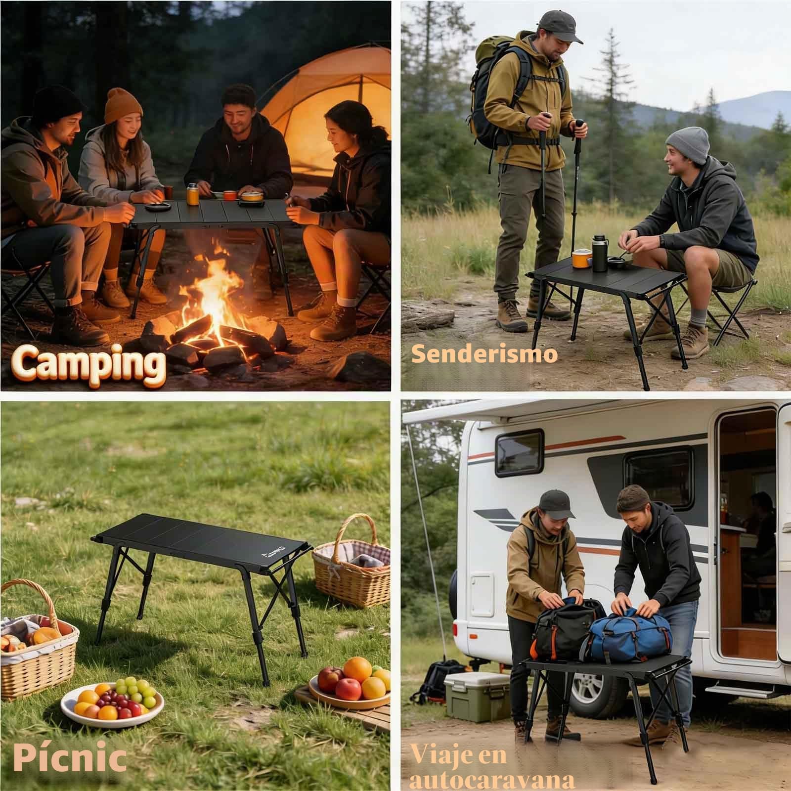 HOMGEN Mesa Camping Plegable IGT 3.5 Unidades Mesa Cocina Exterior Ajustable en Altura 38 a 55 cm Mesa Portátil Aluminio Ligera con Barras Laterales Mesa Picnic Barbacoa Car Camping Modular