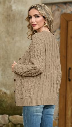 GRECERELLE Women's Cable Chunky Knit Cardigan Sweater with Pockets