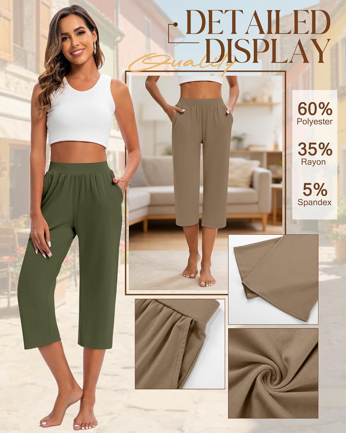 Huukeay 3 Pack Women's Capri Sweatpants, Cozy Wide Legs Cropped Capri with Pockets, Lounge Jogger Pants Workout Yoga Solid - Image 5