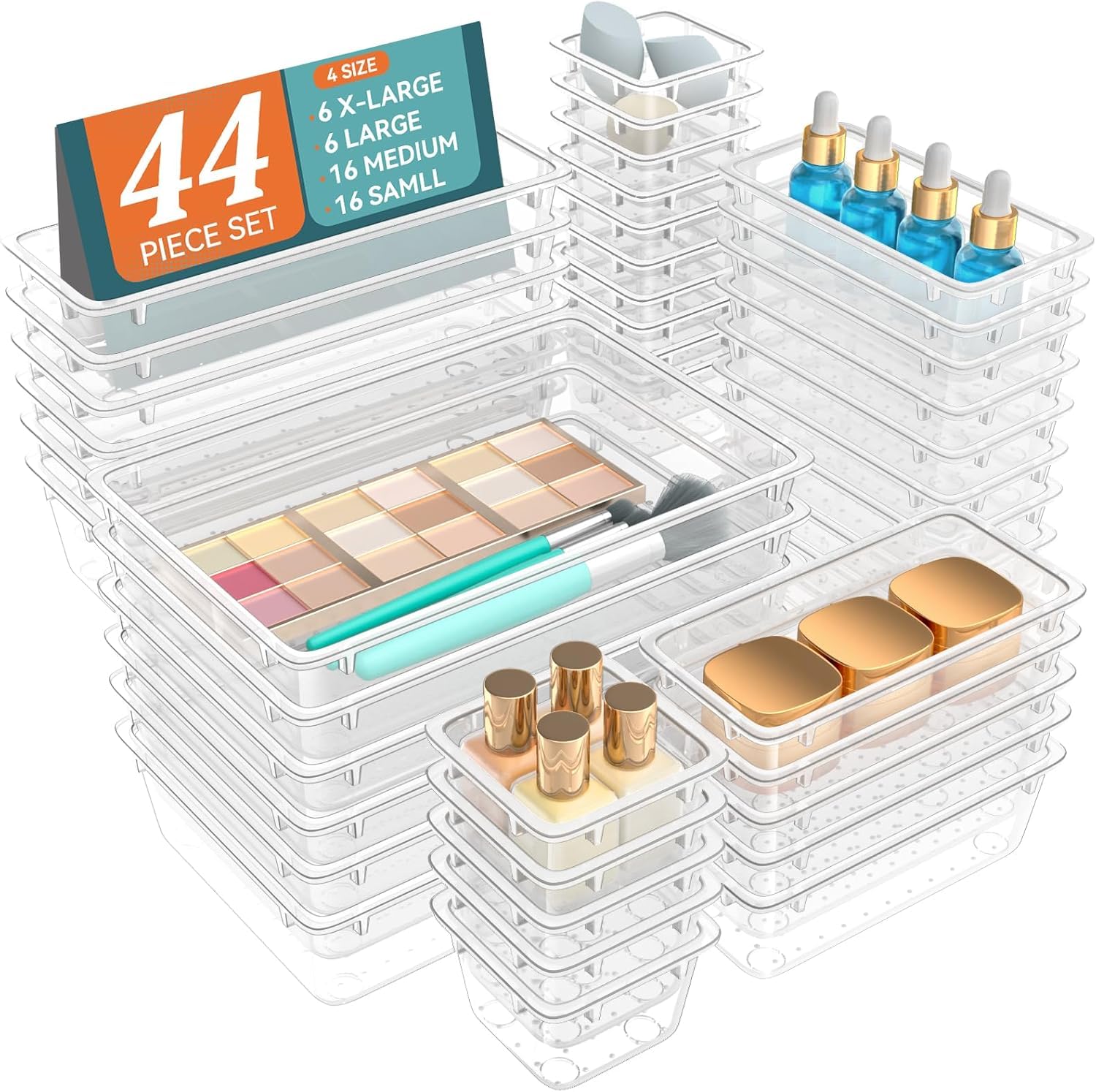 Beyondluv 44Pcs Drawer Organiser Makeup Vanity Dressing Storage Organizer - Acrylic Drawers Organizers Kitchen Cupboard Makeup Dressing Table Vanity Storage and Organization منظمات ادراج 44Pcs Drawer Oragnisers