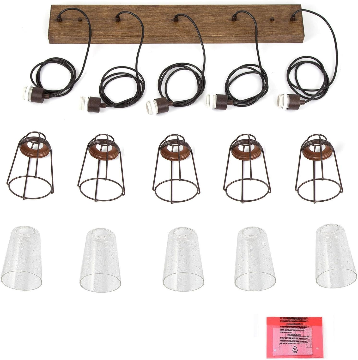 KSANA 5-Light Kitchen Island Lighting, Farmhouse Linear Chandelier with Seeded Glass Shade, Rustic Faux Wood Dining Room Light Fixture Over Table