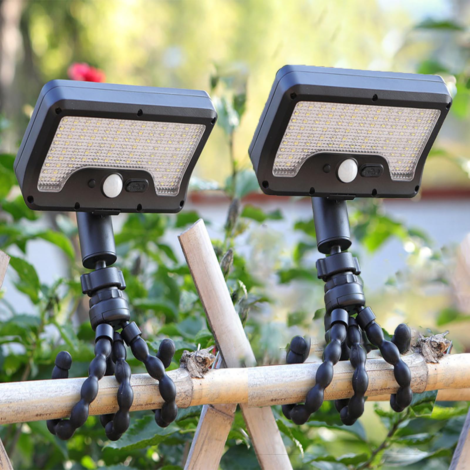 Solar Lights Outdoor, 2 Pack Motion Sensor Outdoor Rechargeble Lights with Flexible Octopus Tripod, 600LM IP65 Waterproof LED Solar Fence Lights for Fence Patio Yard Camping Garden (Octopus)