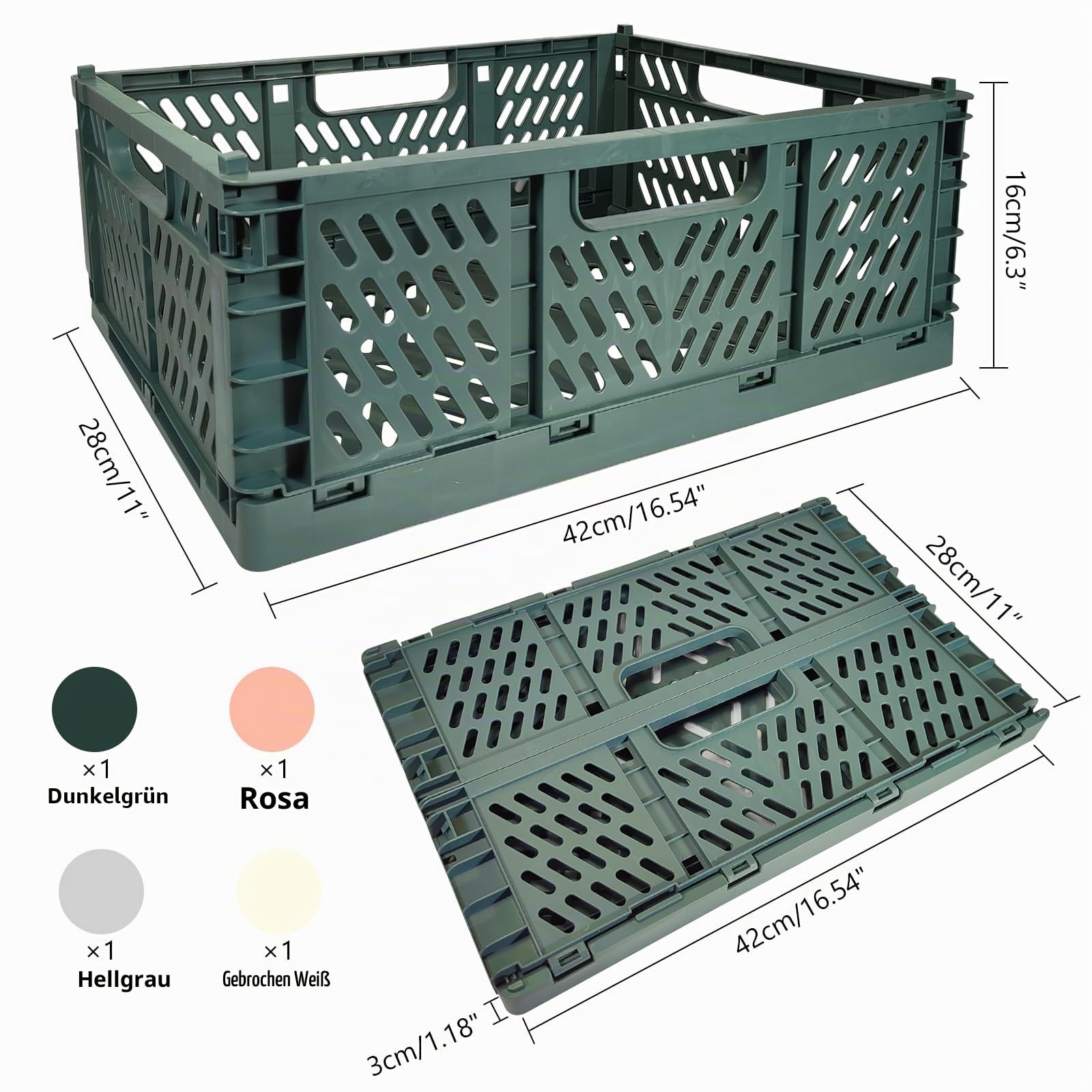 4Pcs Klappkiste, Kunststoff Stabile Klappboxen, 42 x 28 x 16cm Faltbare Aufbewahrungskorb, Stapelbar Klappkisten Set für Lagerung Küche, Schlafzimmer, Arbeitszimmer, Büro, Garten (Grau+Dunkelgrün)