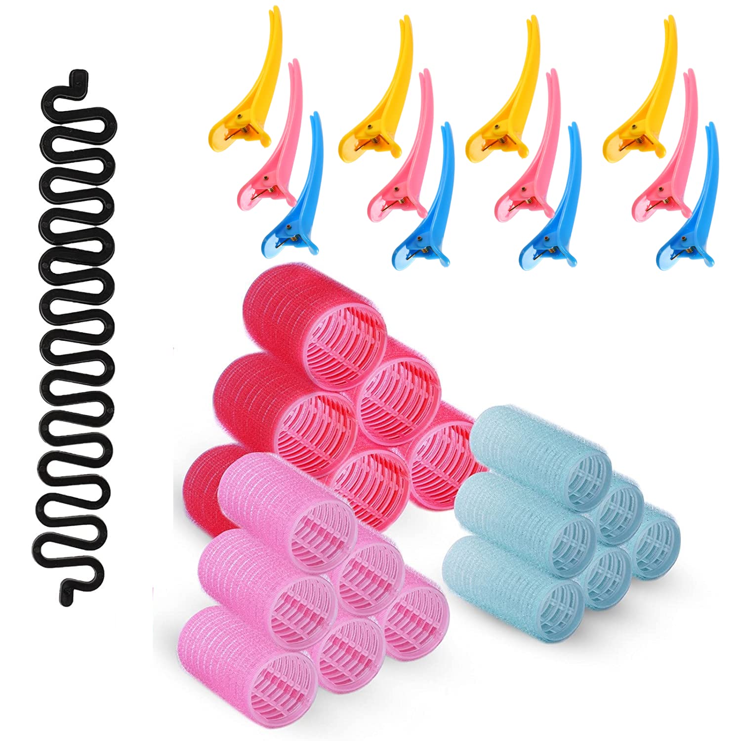 Trend Ville 31 PCS Hair Rollers Set | 18 PCS Hair Roller In 3 sizes (47mm + 36mm + 26mm) | 12 PCS Duck Teeth Hair Clips and 1 Braid Device