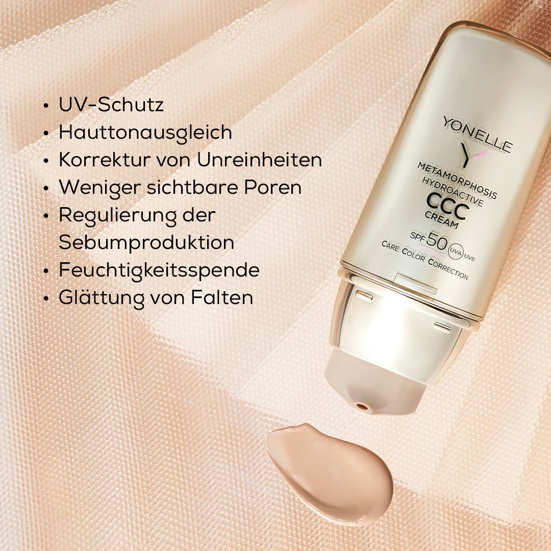YONELLE CCC Cream, Getönte Tagescreme mit LSF 50, Matt-Effekt, Summer Sand | No-Make-up-Look, optischer Blur, frischer Teint, Poren wirken feiner, leichte Textur, normale Haut & Mischhaut
