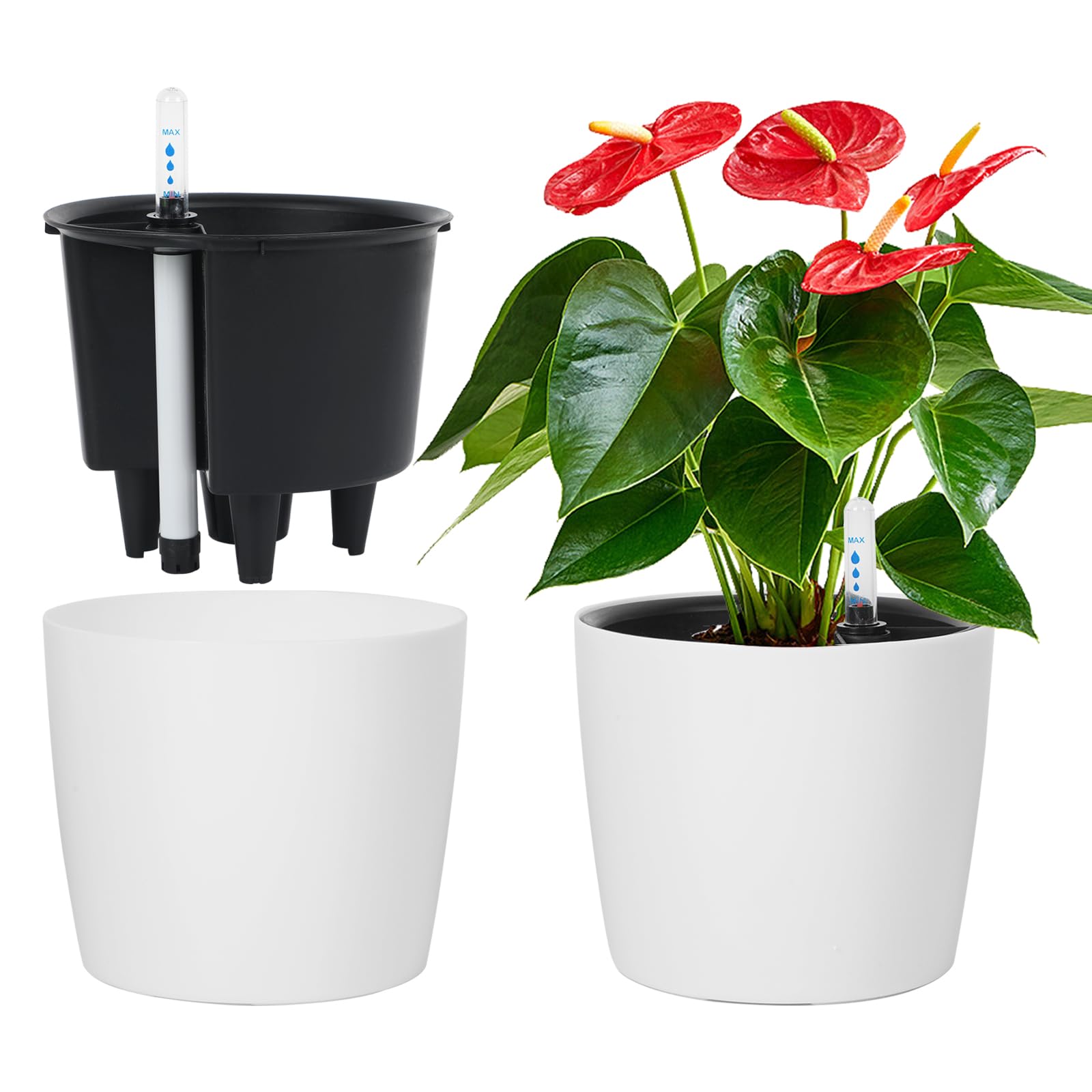 TWSOUL Lot de 2 pots à arrosage automatique avec indicateur de niveau d'eau, réservoir d'eau avec système de pot en pot, idéal pour plantes d'intérieur et herbes, intérieur et extérieur, 18 x 15,5 cm