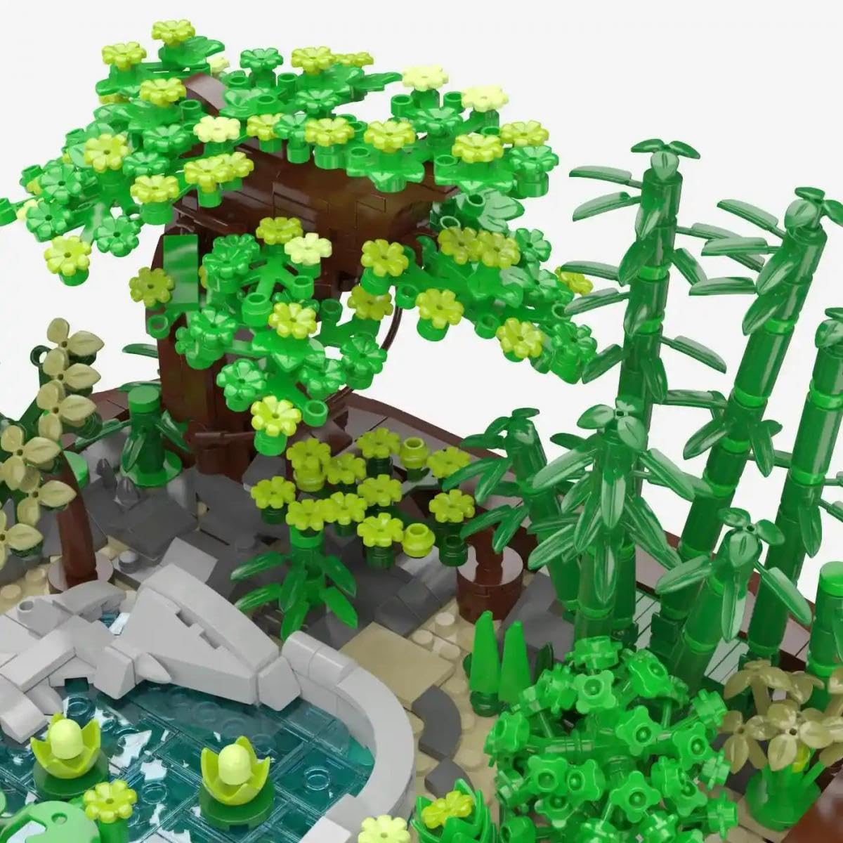 BlueBrixx Kasansui Zen Garten 1477 klocki zaciskowe, model wyświetlacza | Staw z liliami wodnymi, drzewem i bambusem, mostem i kamienną ścieżką, 286 x 282 x 178 mm, od 14 lat, 109192