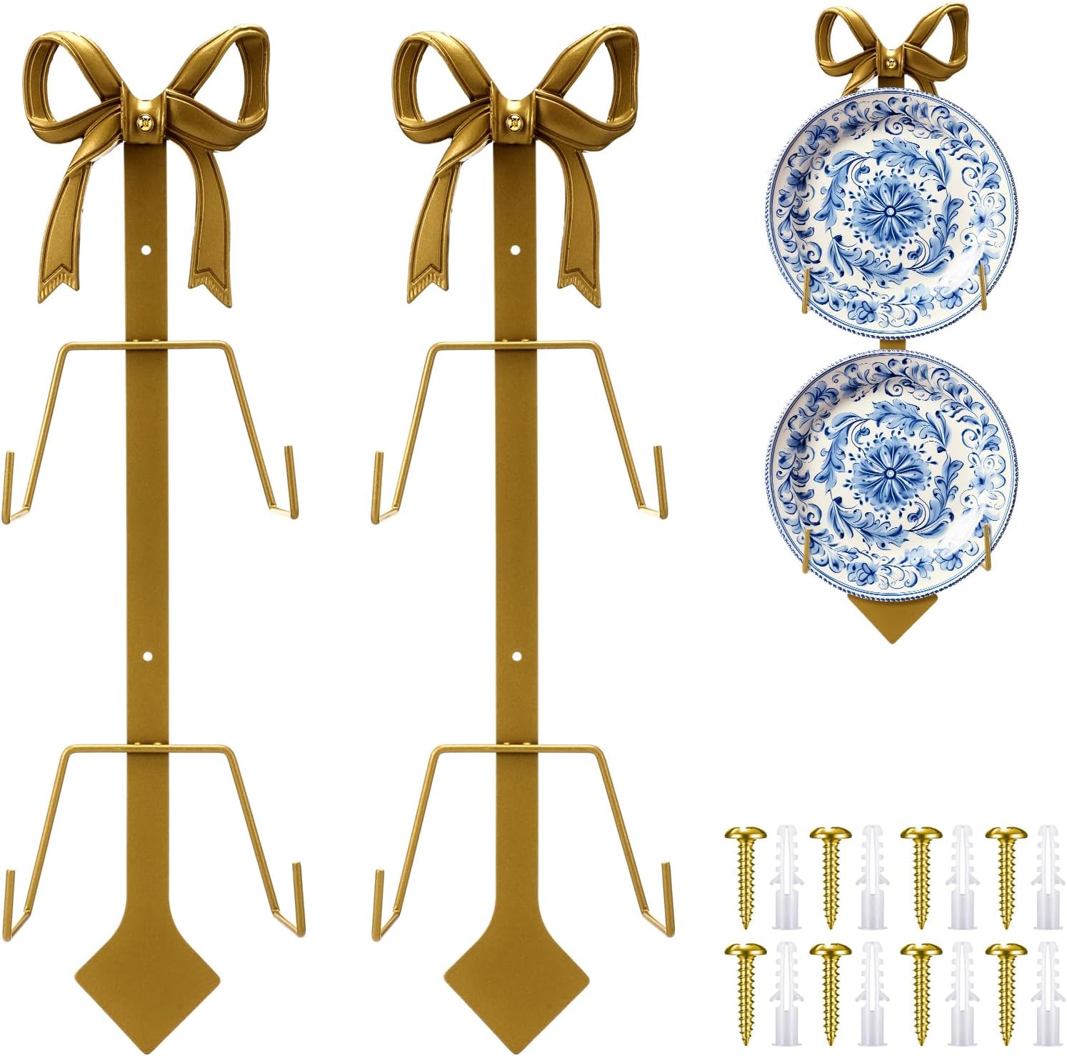 Zonon 2 Pack Gold Bow Plate Holder for Wall Bow Knot Iron Easel Display Rack Wall Mount Metal Plate Hanger Stand for Hanging Photo Frame Art Plaque for Cabinet Kitchen Counter Bar Cafe (18.5 x 7 Inch)