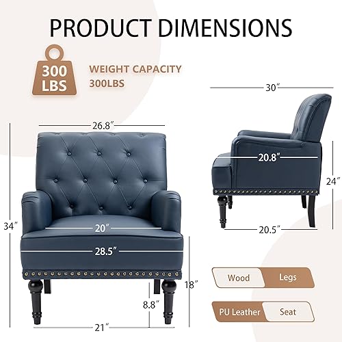 Miniatura 2 de MOJAY Silla decorativa de piel sintética, sillón de mediados de siglo con patas de madera de goma, silla de club con ribete de remache para
