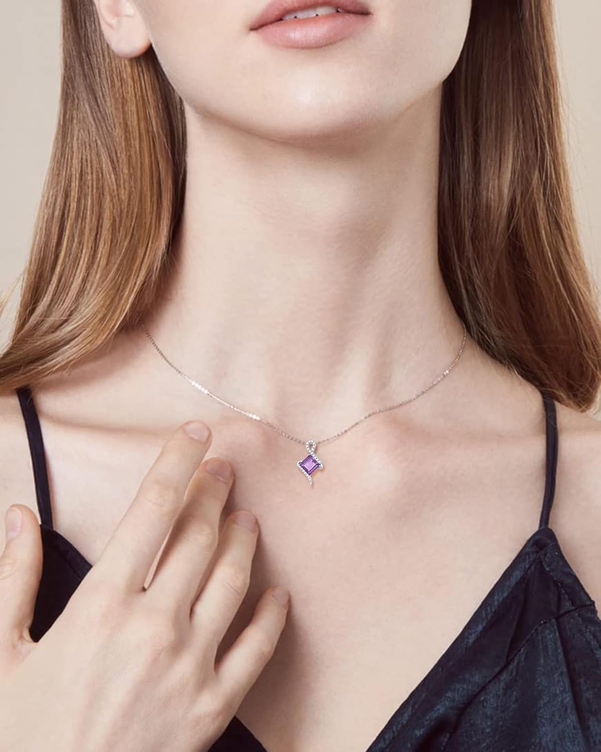 FANCIME 14K Solid White Gold Pendant with Sterling Silver Chain Birthstone Princess Cut Gemstone Fine Jewelry Birthday Mothers Day Gifts for Women Her - Image 3