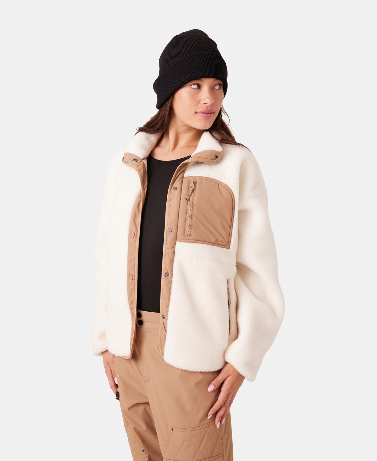 Roxy Women's Bonded Sherpa Jacket – Oversized Fit, Faux Sherpa Fleece, Pfas-free, Snap Front, Zipper Pockets