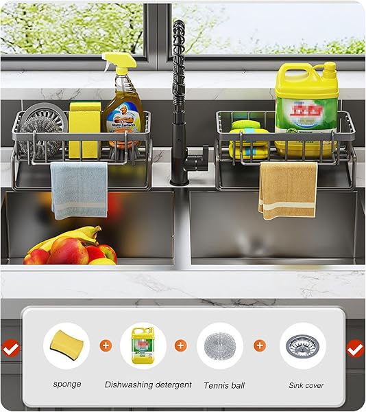 Sink Caddy - Kitchen Storage & Organisation Organiser with Sponge Holder & Sink Tidy (Black) - 2