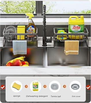 ViWaVee Sink Caddy - Kitchen Storage & Organisation Organiser with Sponge Holder & Sink Tidy (Black)