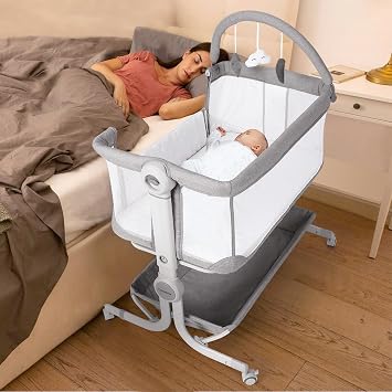 Cowiewie Baby Bassinet Bedside Sleeper with Wheels & Storage Basket Newborn | Easy folding portable baby crib with height adjustable design, includes hanging toys and travel handbag for newborns.