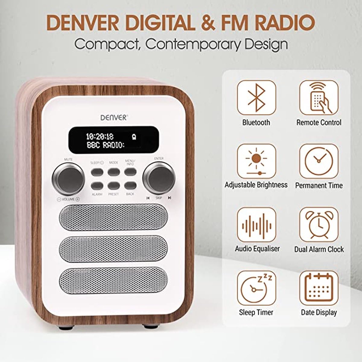 Radio Digital Dab+ y FM. Denver DAB-48WHITE. Radio Despertador. Conexión Bluetooth. Volumen: 2,5 W. Mando a Distancia Incluido. Blanco