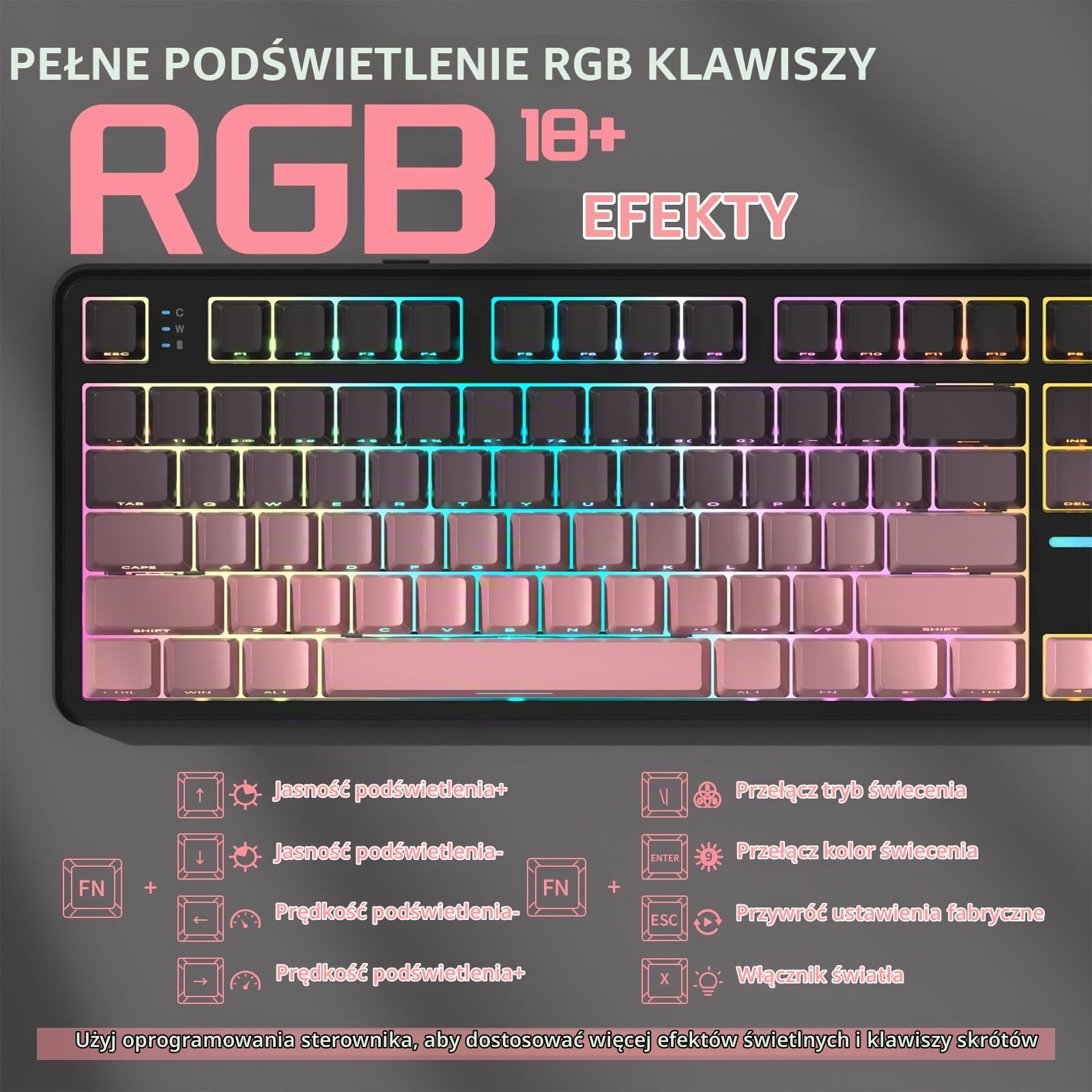 LexonElec X ATTACK SHARK X87 Bezprzewodowa klawiatura mechaniczna, Trzy tryby: BT/2.4G/Przewodowy, Możliwość wymiany na gorąco, Klawisze z nadrukiem bocznym, Klawiatura podświetlana RGB(Czarno Różowa)