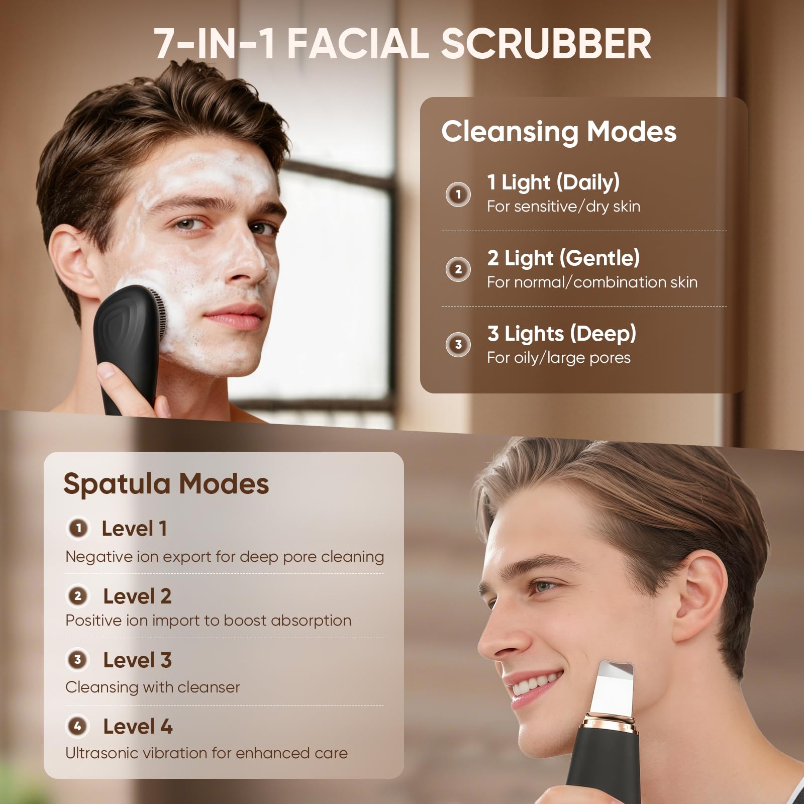 Cepillo de limpieza facial 2 en 1 y limpiador de piel, cepillo facial con 7 modos, cepillo de limpieza sónico impermeable para limpieza profunda, exfoliación suave y masaje, para todo tipo de piel
