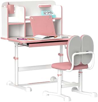 AIYAPLAY Juego de Escritorio y Silla para Niños de +3 Años, Pupitre Infantil Altura Ajustable con Tablero Inclinable, Cajón y Estantes, Respaldo Acolchado, para Libros, 80x55x107,5 cm, Rosa