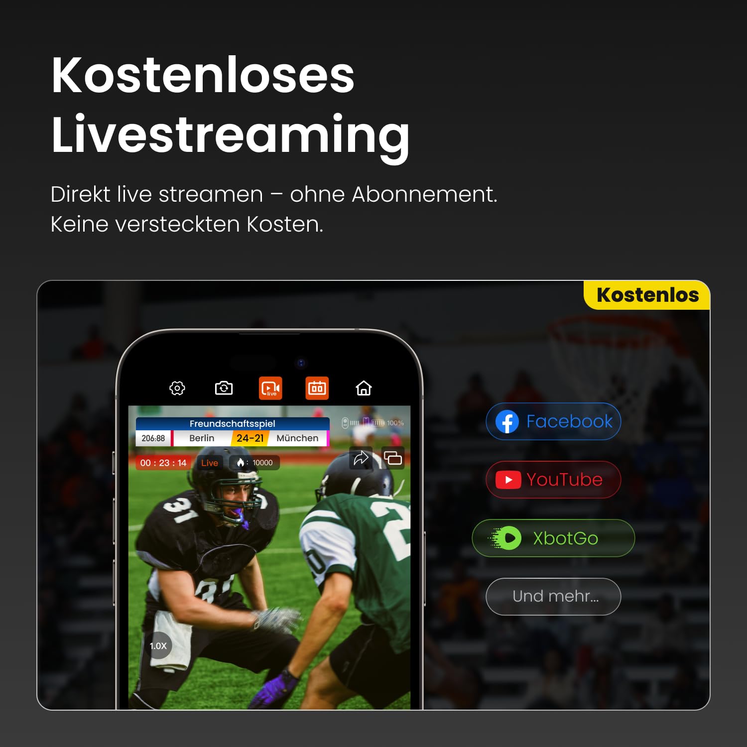 XbotGo Falcon 4K AI Sport Kamera mit Auto Tracking – Fußball & Basketball für Teams, Action Cam mit Livestreaming ohne ABO, Dual-Kamera, bis zu 4,5 Std. Aufnahme, Stabilisierung(Edge Green)