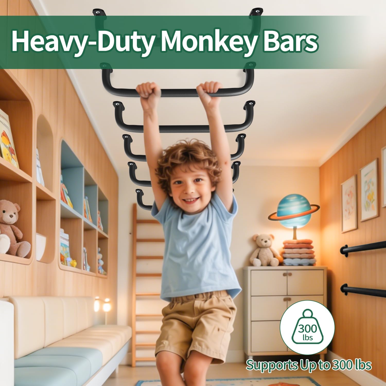 Paquete de 6 barras de acero para niños, juego de escalada de patio trasero, accesorios de juego de escalada de 17 pulgadas, kit de barra de mono negro con tornillos para columpio de patio