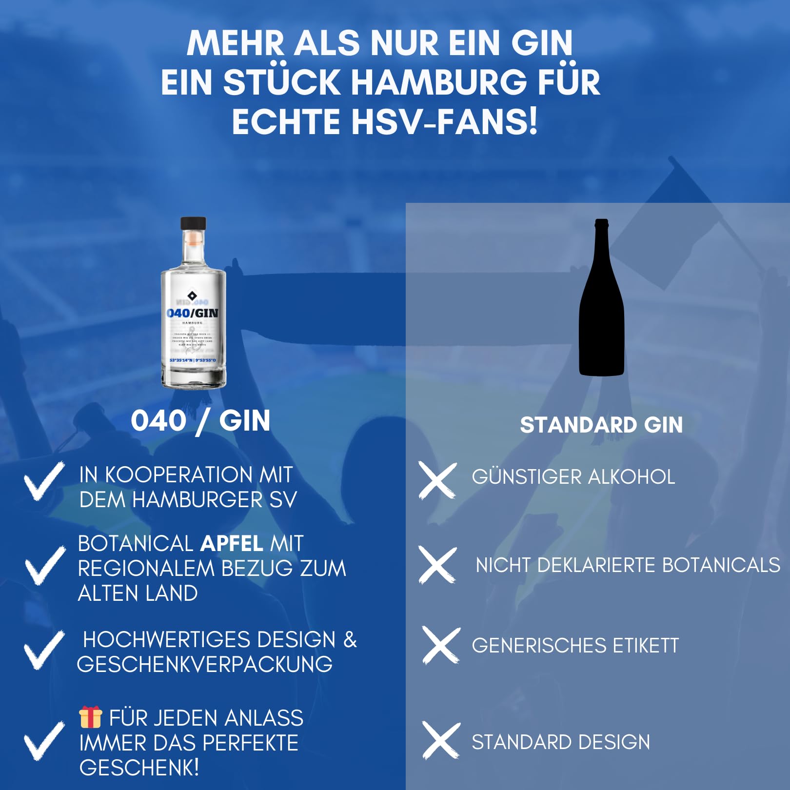 HSV 040 Gin mit Geschenkverpackung | Fanartikel, Fußball | Geschenkidee für echte Hamburger SV Fans, Männer, Frauen | Weihnachten, Hamburg |fruchtiger Gin des HSV | Einzelflasche 500ml | 40% vol.