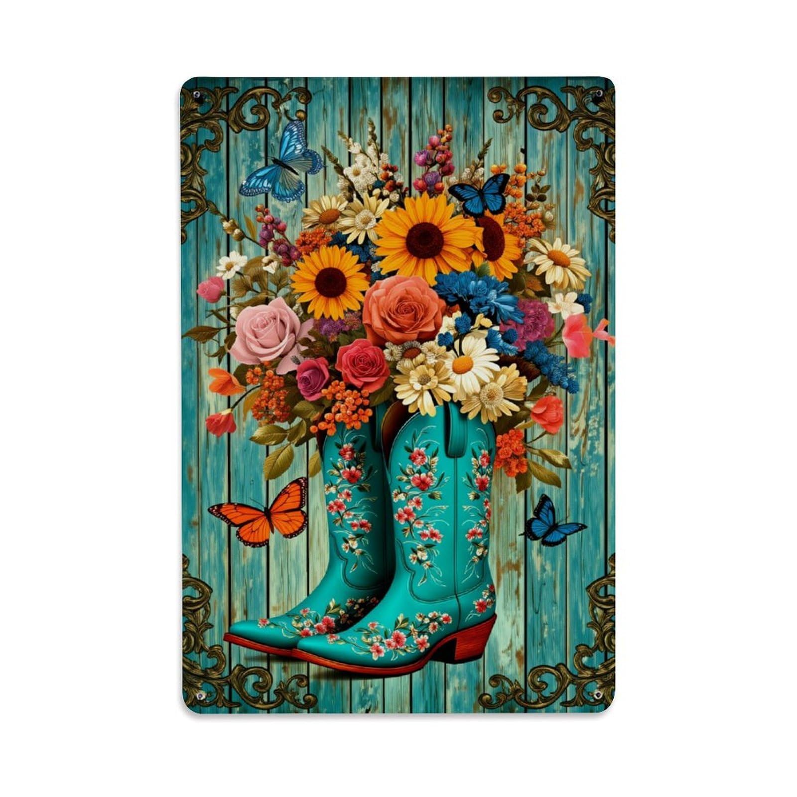 Enderetf Vintage Floral Embroidery Cowboy Boots Pattern Tin Sign Metal Poster, Home Bar Garage Man Cave Cafe Indoor & Outdoor Wall Decoration 8X12inches