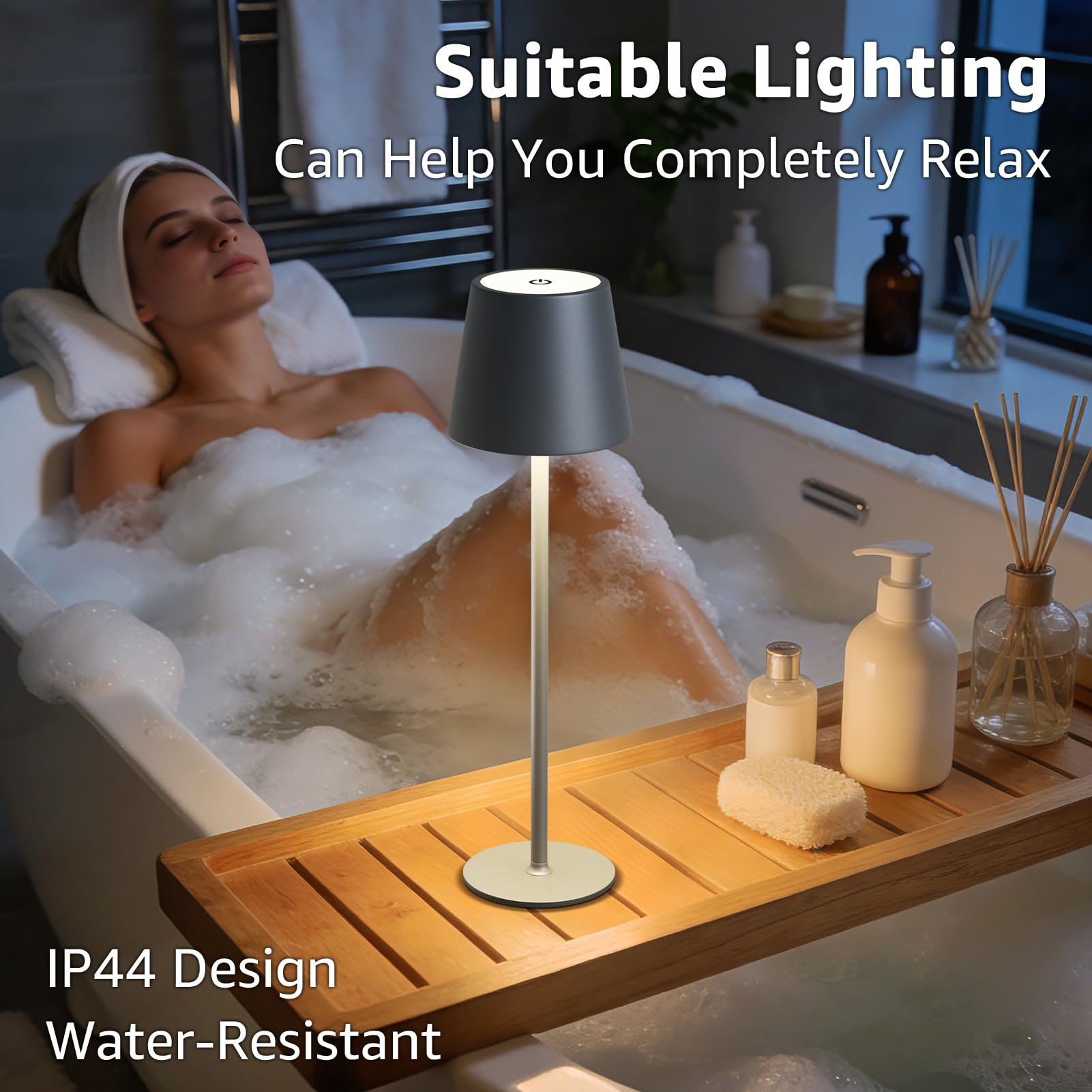 MALUX LED Tischlampe Kabellos 2 Stück Touch Dimmbare 2700K-4000K Metall IP44 Wasserdicht, USB-C Aufladung, 8-15h Akkulaufzeit Tischleuchte für Garten Esstisch Schlafzimmer Balkon Hotel (Grau)