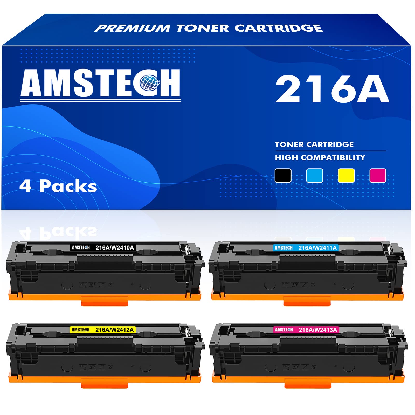 Amstech (No Chip) 4-Pack 216A Toner Cartridge Replacement for HP 216A W2410A W2411A W2412A W2413A Color LaserJet Pro MFP M183fw M182n M182nw M155a M155nw M183 M182 M155 Black Cyan Yellow Magenta