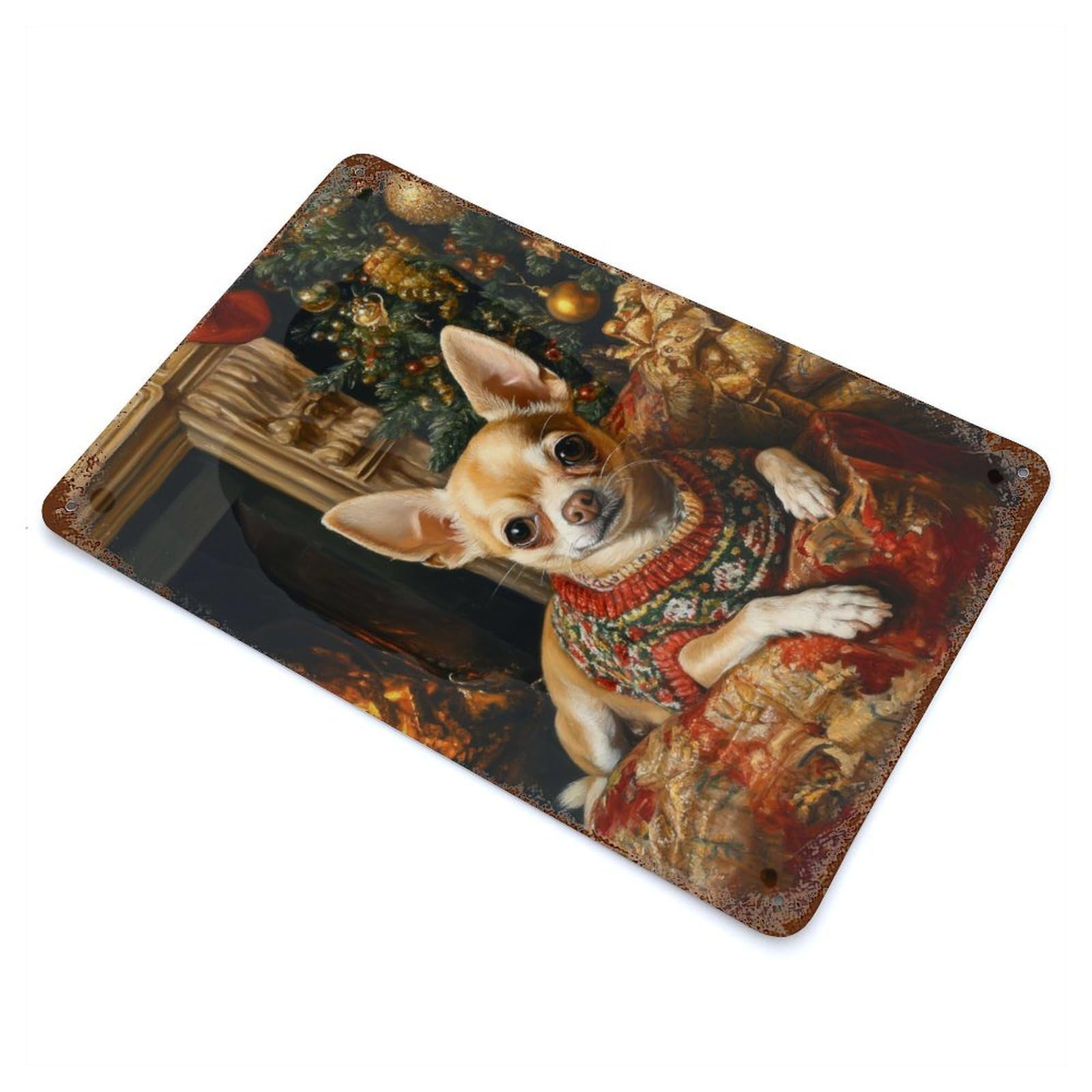 Garage Style Chihuahua Christmas Portrait Chihuahua in Sweater Aged Metal Wall Plaque 11.8"x7.9", Farmhouse Wall Decor for Bar And Workshop