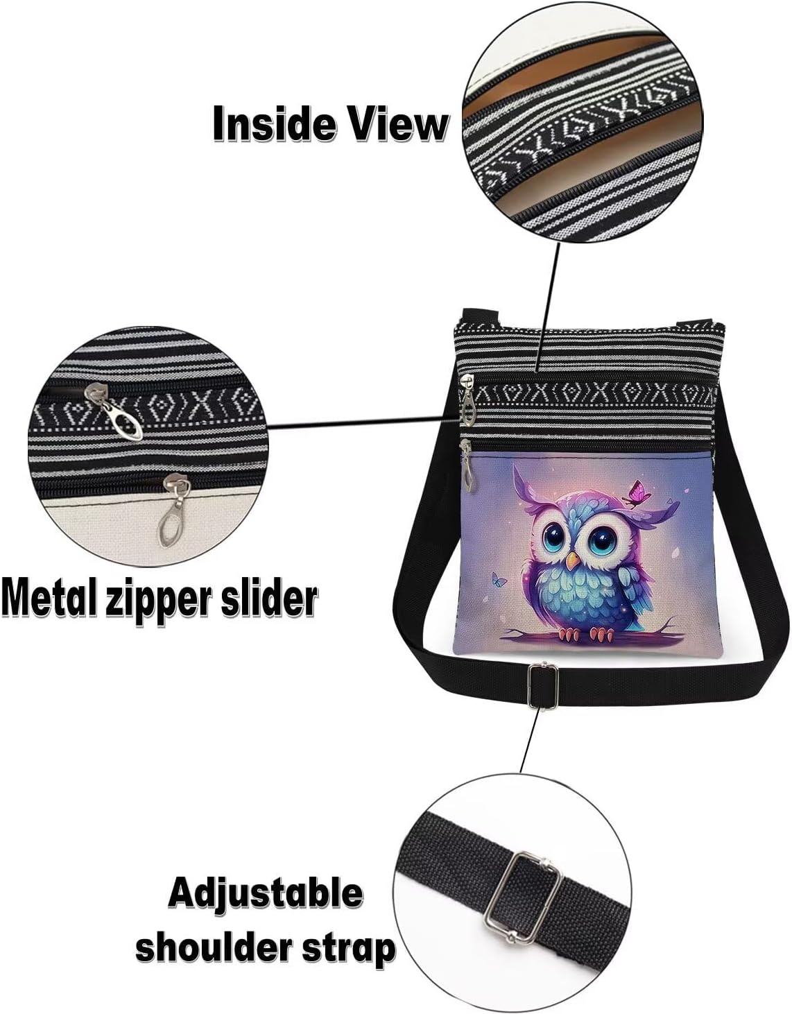Cute Purple Owl Print Crossbody Bag Adjustable Unisex Shoulder Purse Owl Lovers Gift for Sisters Teen Women & Men Birthday Christmas Gift Outdoor Travel Messenger Bag - Image 6