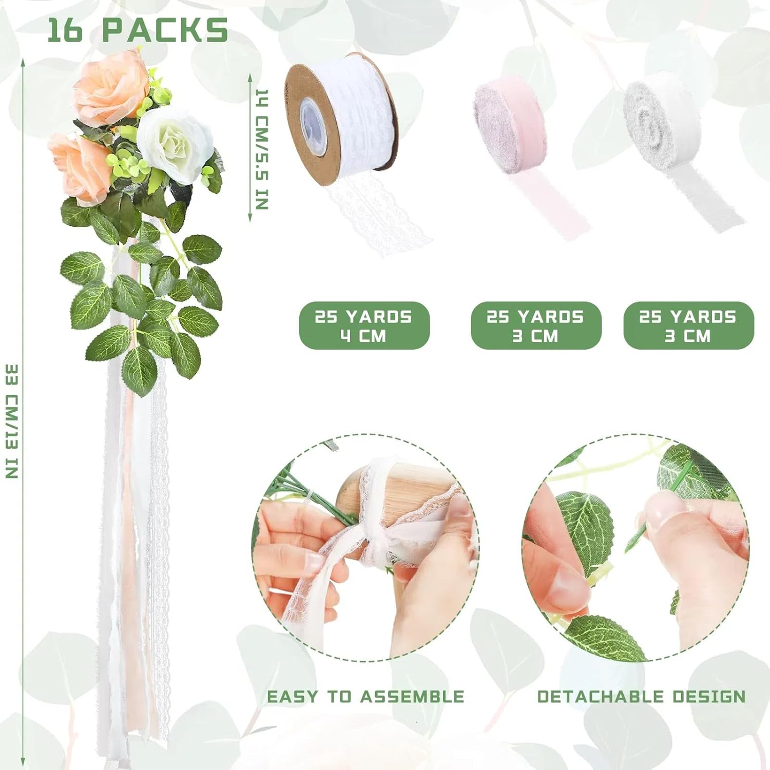 Giegxin 16 Pcs Wedding Aisle Decorations Pew Flower for Wedding Ceremony Aisle Chair Artificial Rose Chair Back Floral Decoration with Eucalyptus and Ribbons for Ceremony Church Party