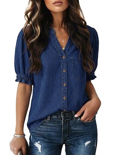 Dokotoo Women Denim Shirt Button Down Casual Short Sleeve V