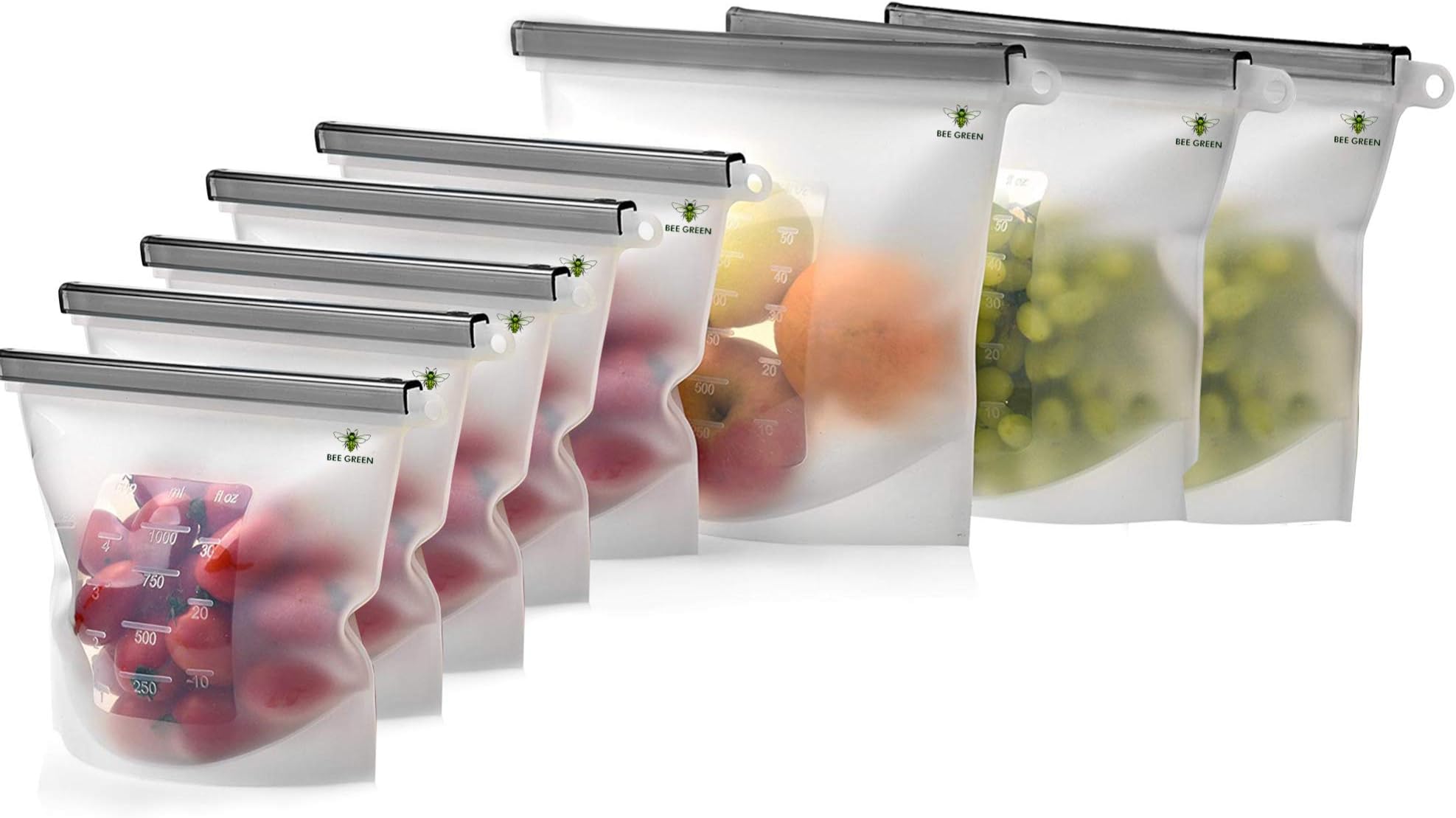 Bee Green Reusable Silicone Food Storage Bags, 8 Pack, Heat-Resistant Medium and Large Pouches with Leakproof Seals for Microwave, Sous Vide Cooking, Leftovers and Freezer use