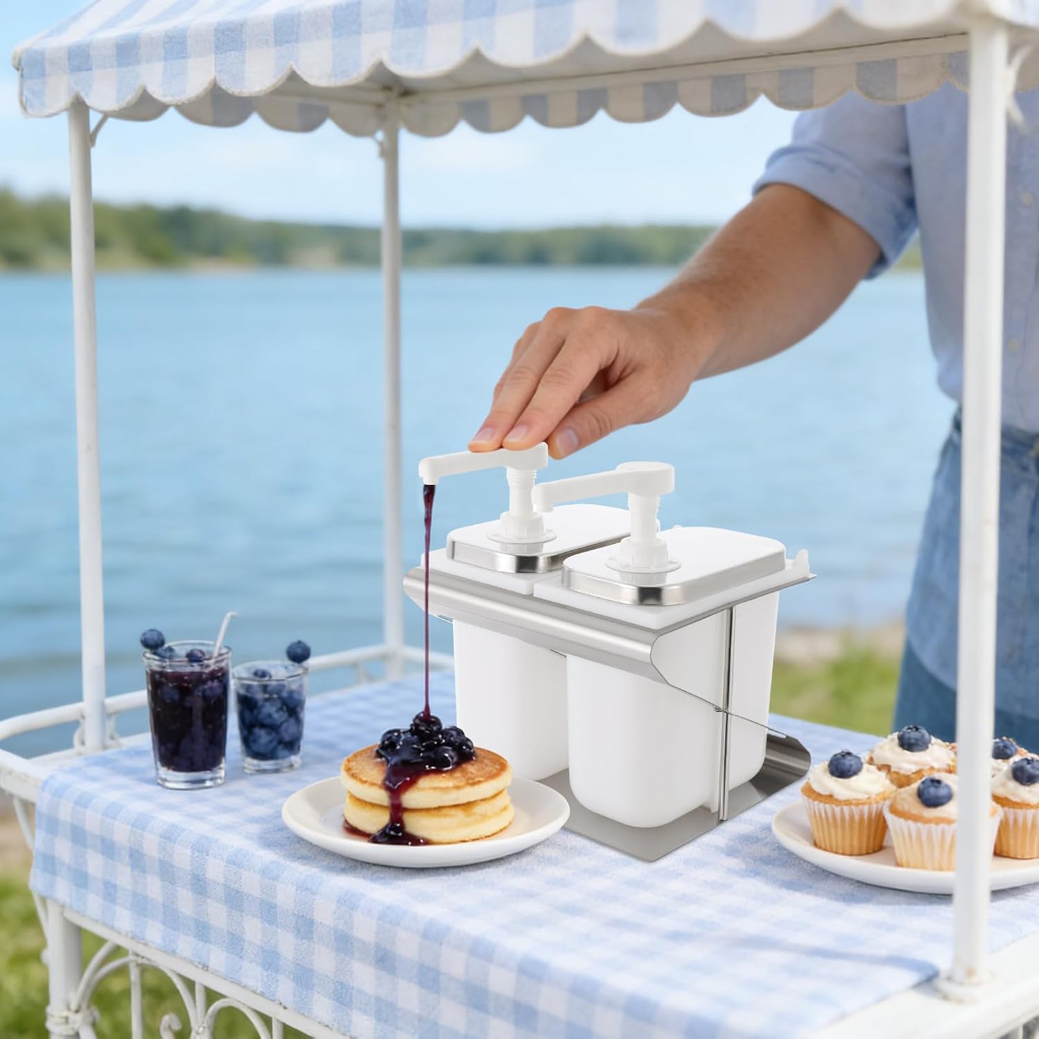 Commercial Sauce Dispenser Pump, Condiment Dispenser, 2L Sauce Pump Dispenser Container Condiment Pump Station Stainless Sauce Pump Dispenser Ketchup Dispenser Pumps