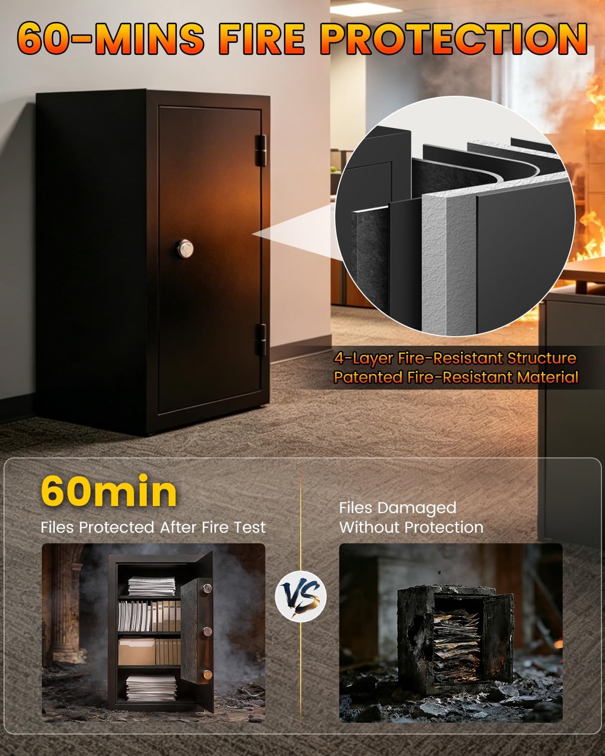 [𝟐𝟎𝟐𝟔 𝐍𝐞𝐰] 60-Min Fire Proof Safe for Home Documents, 23.69'' Tall Home Safes Water and Fireproof with Key Lock, Removable Shelf, 1700°F Fire Safe for Money, Office Files, Valuables