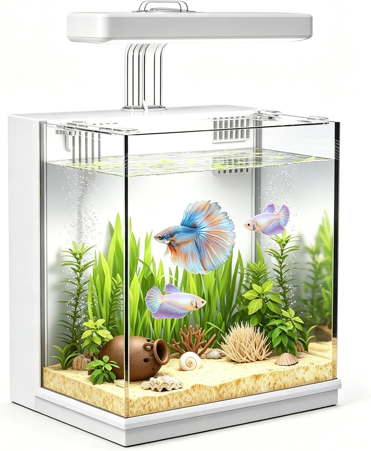 2 Gallon Betta Fish Tank with Filter and LED, All-in-One Self-Cleaning Aquarium Kit, Silent Pump & Multi-Filtration, Easy Water Change Fish Tank for Beginners, Gifts for Kids, Teen Boy (White)